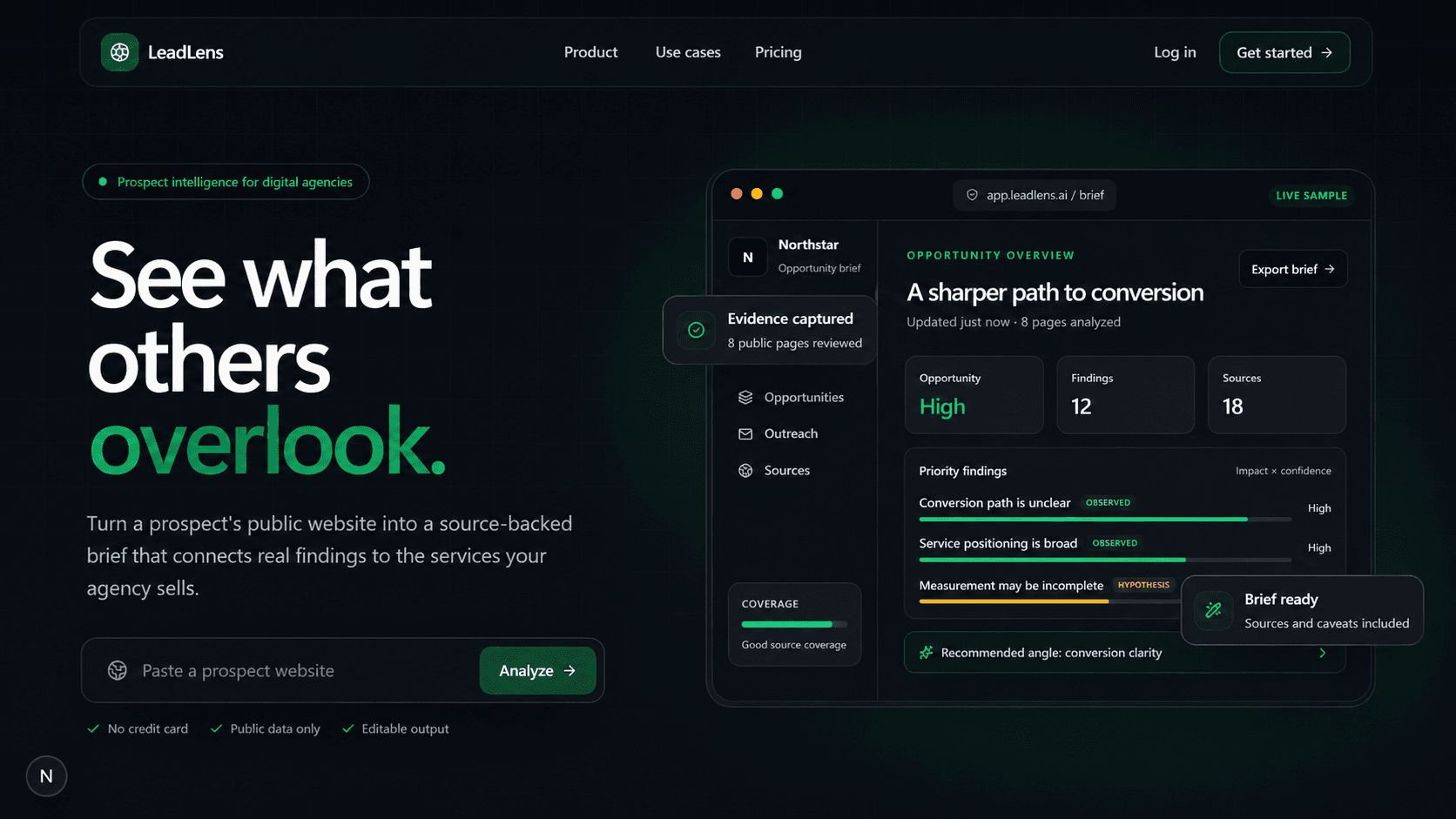 LeadLens AI prospect intelligence dashboard showing verified findings, sources, and a recommended sales opportunity